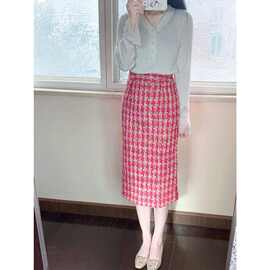 格子粗花呢直筒中长裙子女显瘦千鸟格春秋冬季时尚高腰半身裙格纹