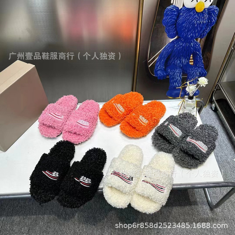 High Version B Embroidered Letter Mao Mao Slippers Thick Bottom 6cm Waterproof Platform Lamb Wool Slippers Outer Wear Flat Wool Slippers