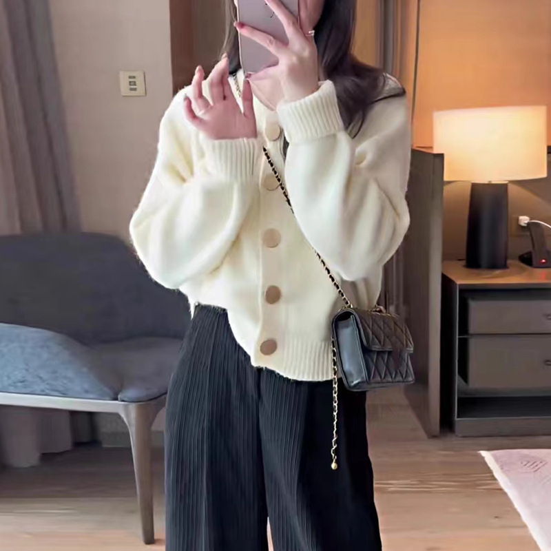 24 invierno Puyuan primavera y otoño nuevo color sólido dulce viento de punto Cardigan chaqueta de cuello redondo inserción