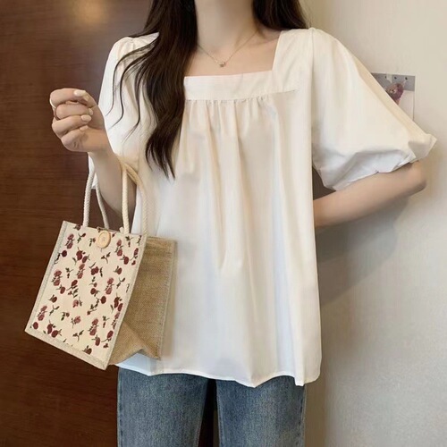 Green Collared Puff Sleeve Blouse for Women - Summer Short Sleeve Loose Plus Size Babydoll Shirt with Design Sense French Top