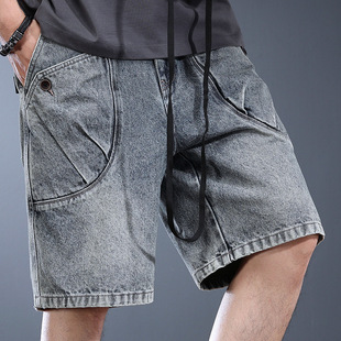 High-End Heavyweight Denim Shorts for Men, Summer Washed Vintage American Retro Five-Point Loose Trendy Cargo Mid-Length Shorts
