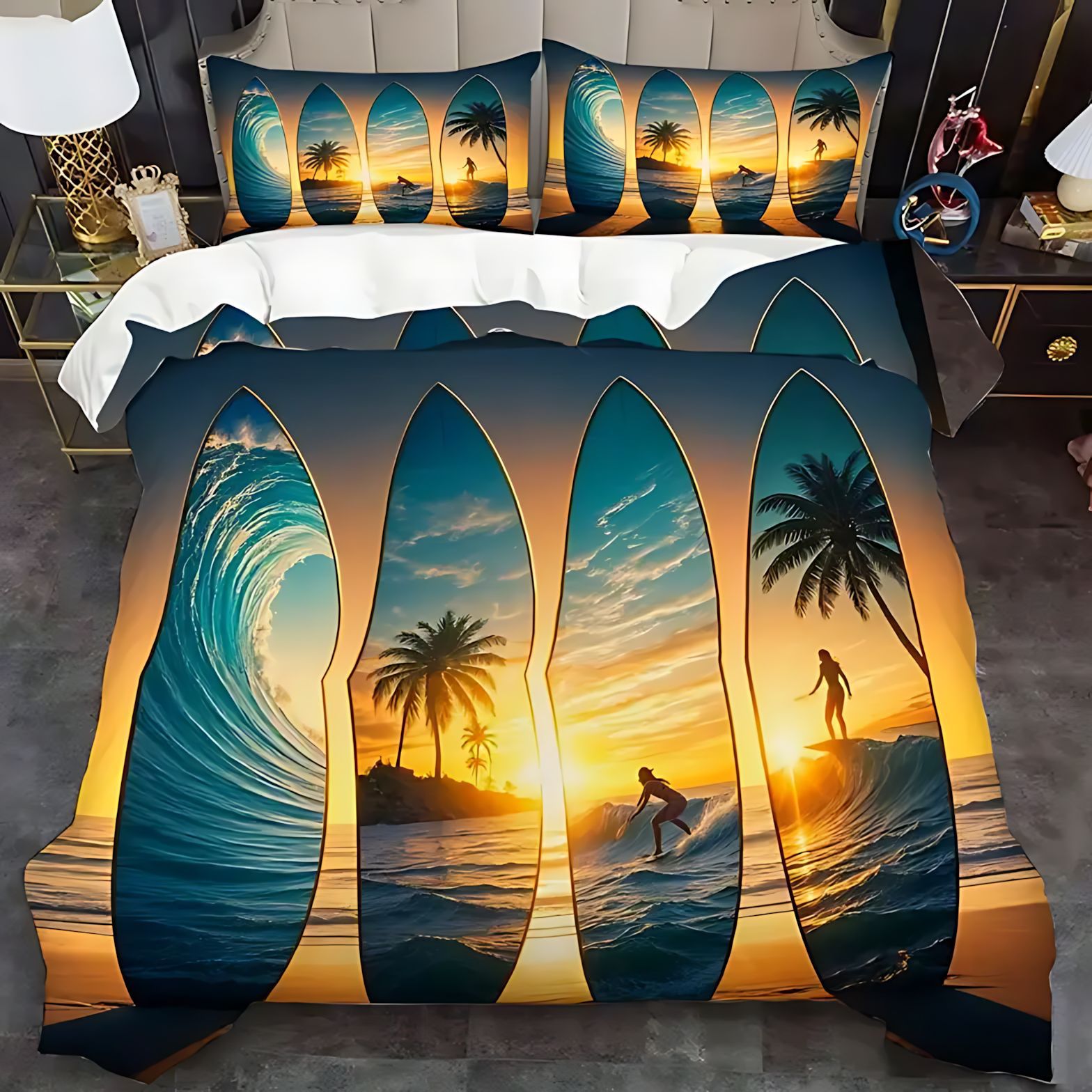 TEMU / JIT transfronterizo Sunset AFHUI impresión digital de alta definición colcha de colcha de almohada conjunto de ropa de cama para diseñar