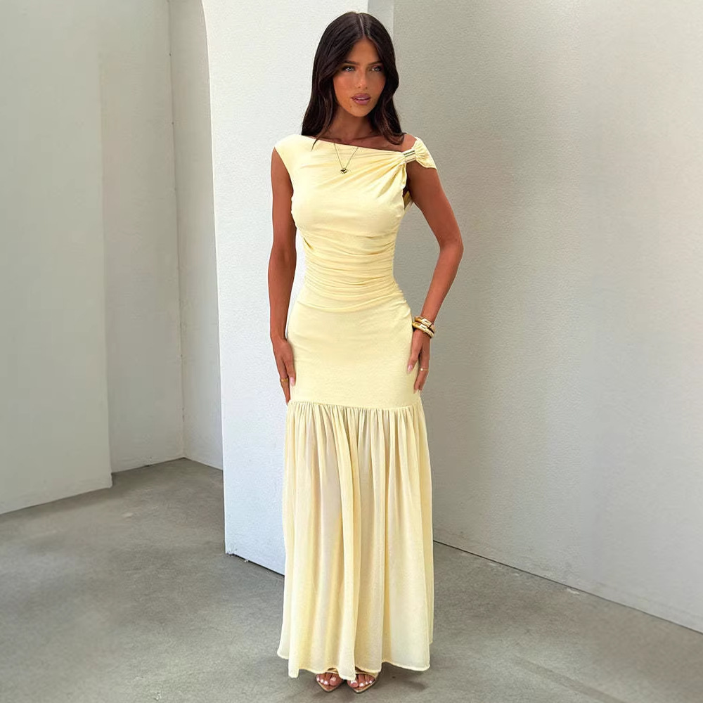 Women's Fashion One-Shoulder Long Dress European American Style Metal Knot Waist Cinching Mesh Patchwork Formal Dress_ecoleips.com
