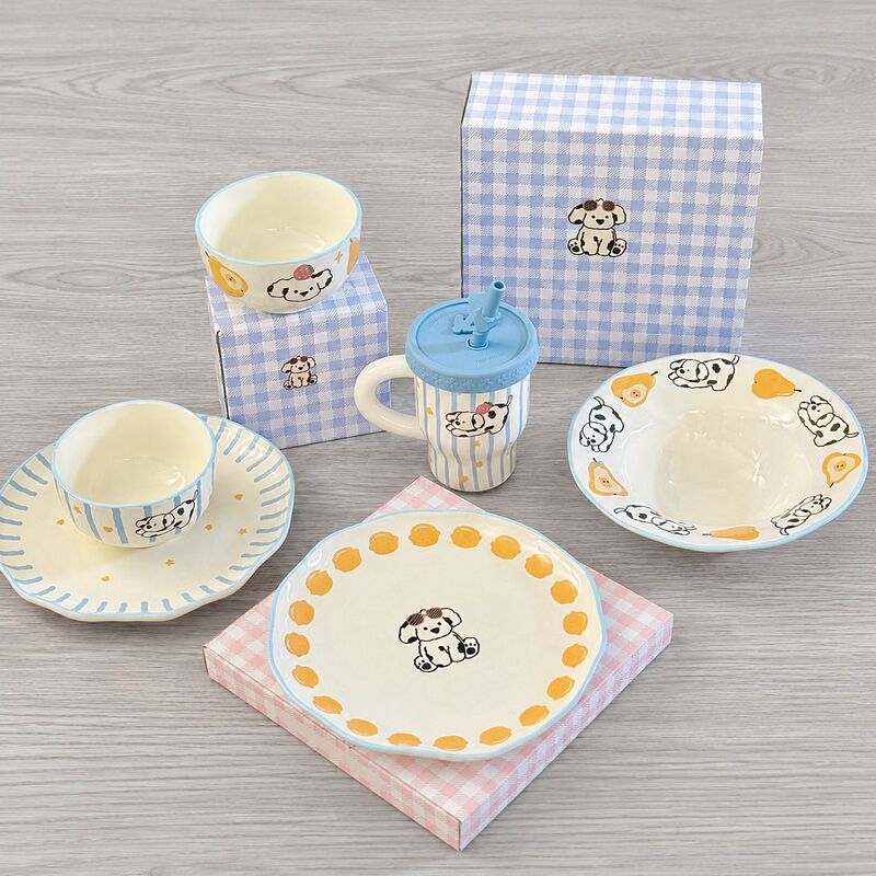 Cute spotted dog ceramic bowls and plates, Instagram-worthy, high-quality rice bowls, soup bowls, and serving dishes, cartoon ceramic straw cups – wholesale supplier