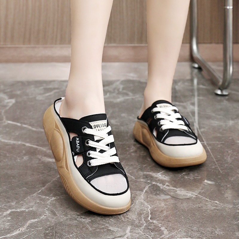 Zy5825 Nuevas pantuflas de malla para mujer, estilo veraniego, modernas e informales, transpirables, con suela gruesa y que aumentan la altura._voghion.com