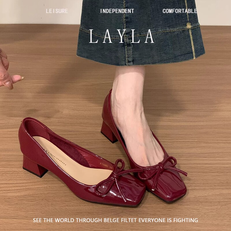 Elegant Bowknot Chunky Heel Fairy-Style Women's Shoes 2026 New Model Red Wedding Shoes Comfortable Square-Toed High Heels