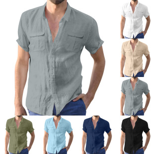European and American Amazon ebay AliExpress summer lapel solid color short sleeve men's linen double pocket shirt men's clothing