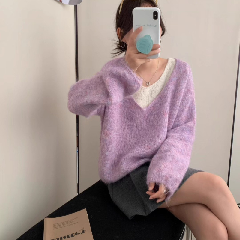 韩系假两件慵懒风针织上衣女时尚减龄拼色温柔软呼呼百搭套头毛衣|undefined