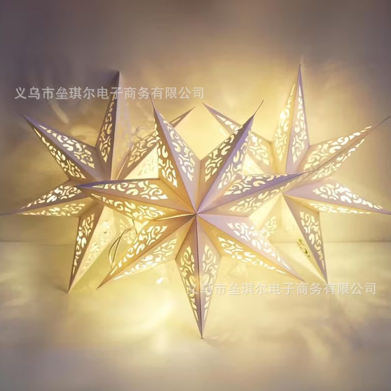Cross-Border Three-Pack Seven-Pointed Star Paper Lanterns Christmas Decorations Foldable 3D Hanging Seven-Pointed Star Lampshade Indoor Hanging Ornaments