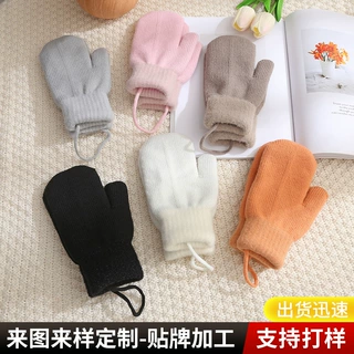 定制冬季连指针织手套纯色加绒加厚毛线手套户外防寒保暖手套批发