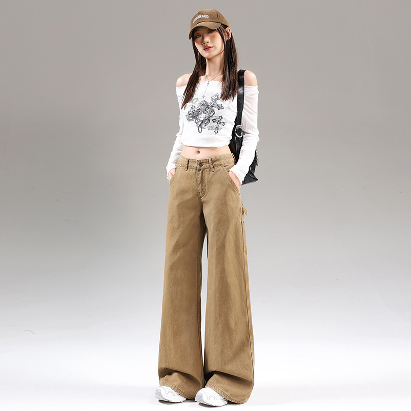 实拍 美式复古绿色低腰牛仔裤女2025秋季新款宽松工装直筒阔腿裤|undefined