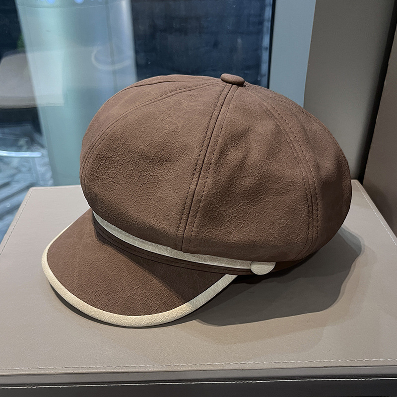 2024 nuevo sombrero octogonal de cuero PU mujeres otoño invierno color coincidente sombrero de lengua de pato hombre calle casual cara gorra de periódico pequeño