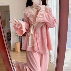 パジャマ女性純綿春と秋の新型長袖レース日本式着物家庭服ハスの葉の縁は外で着て溶接することができます。
