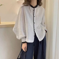 灯笼袖竖条纹休闲衬衫女2025早春新款女装设计感上衣潮
