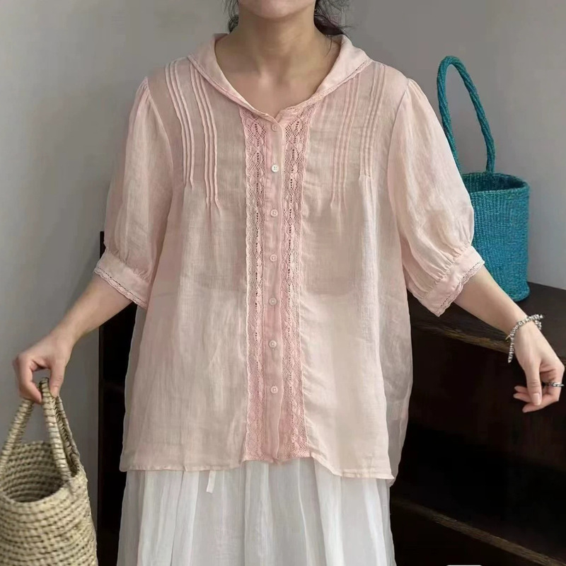 New summer fashion, fresh and artistic style, navy collar with lace trim, tie-dye short-sleeve loose ramie shirt for a youthful look New summer fashion, fresh and artistic style, navy collar with lace trim, tie-dye short-sleeve loose ramie shirt for a youthful look