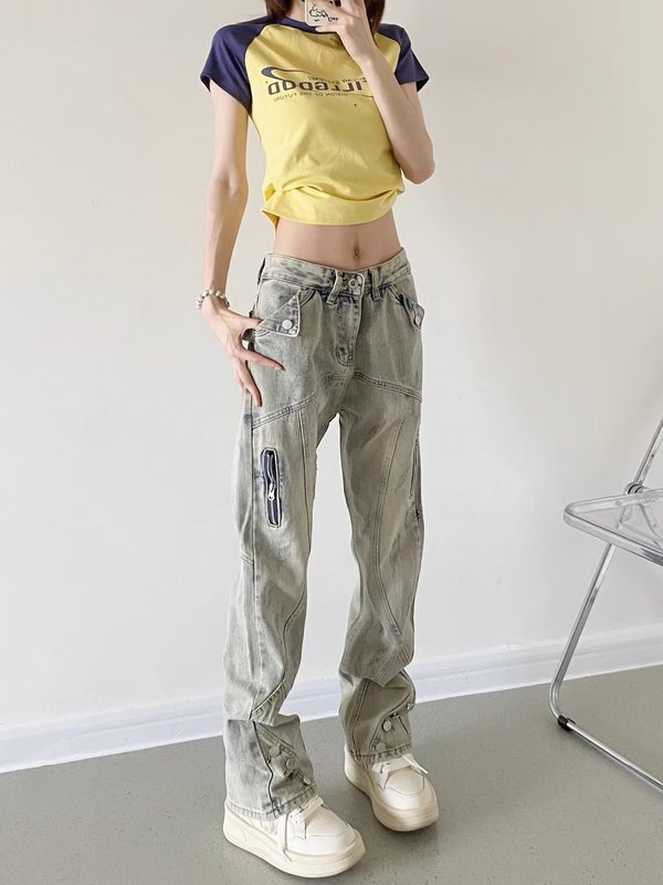 アメリカンレトロヒップホップワークウェアジーンズガールズフロアモップジッパーハイストリートヒップホップストレートマイクロフレアパンツ|undefined