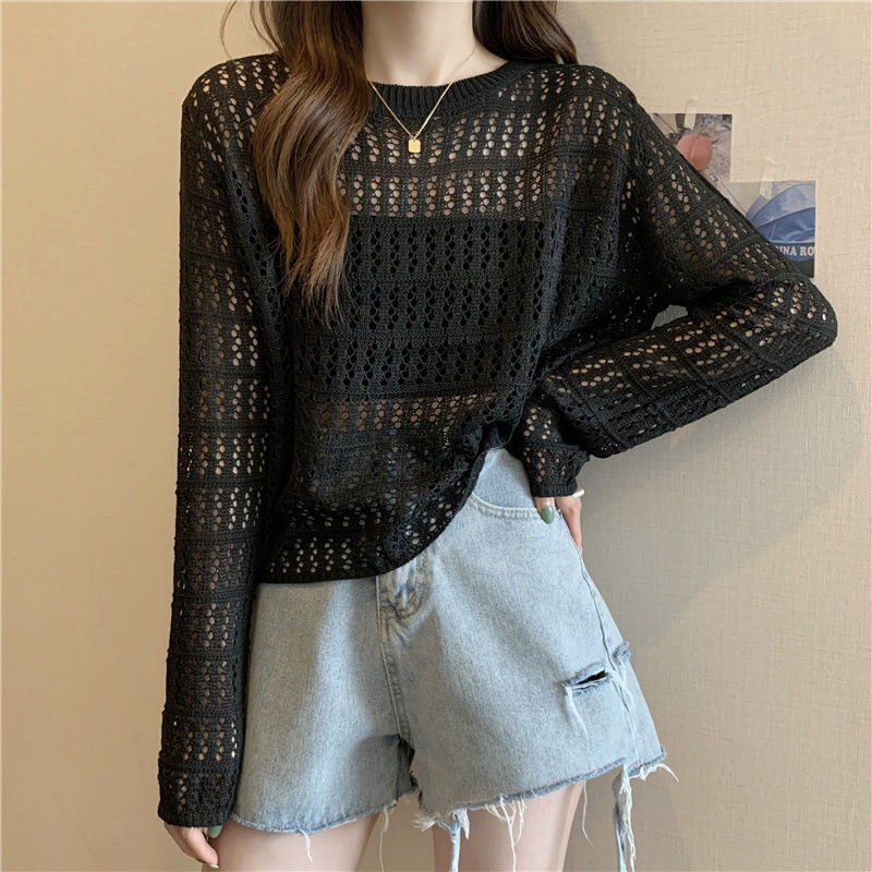 镂空针织衫女夏季薄款毛衣2025新款韩版长袖宽松百搭上衣防晒罩衫|undefined
