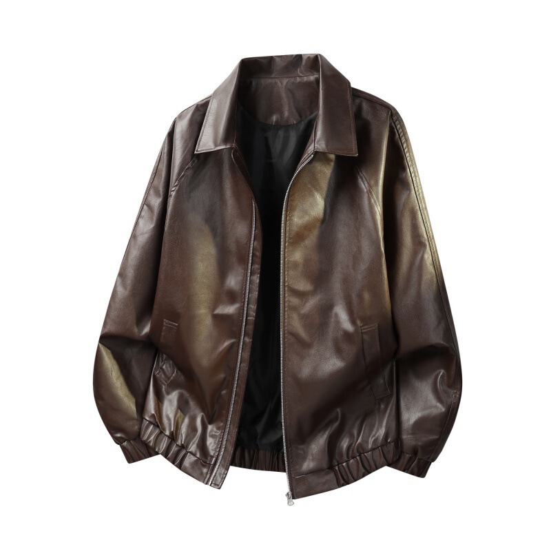 Trendy 2026 retro solid color PU leather motorcycle jacket for men, spring and autumn, American style, loose fit, casual, versatile, with a turn-down collar Trendy 2026 retro solid color PU leather motorcycle jacket for men, spring and autumn, American style, loose fit, casual, versatile, with a turn-down collar