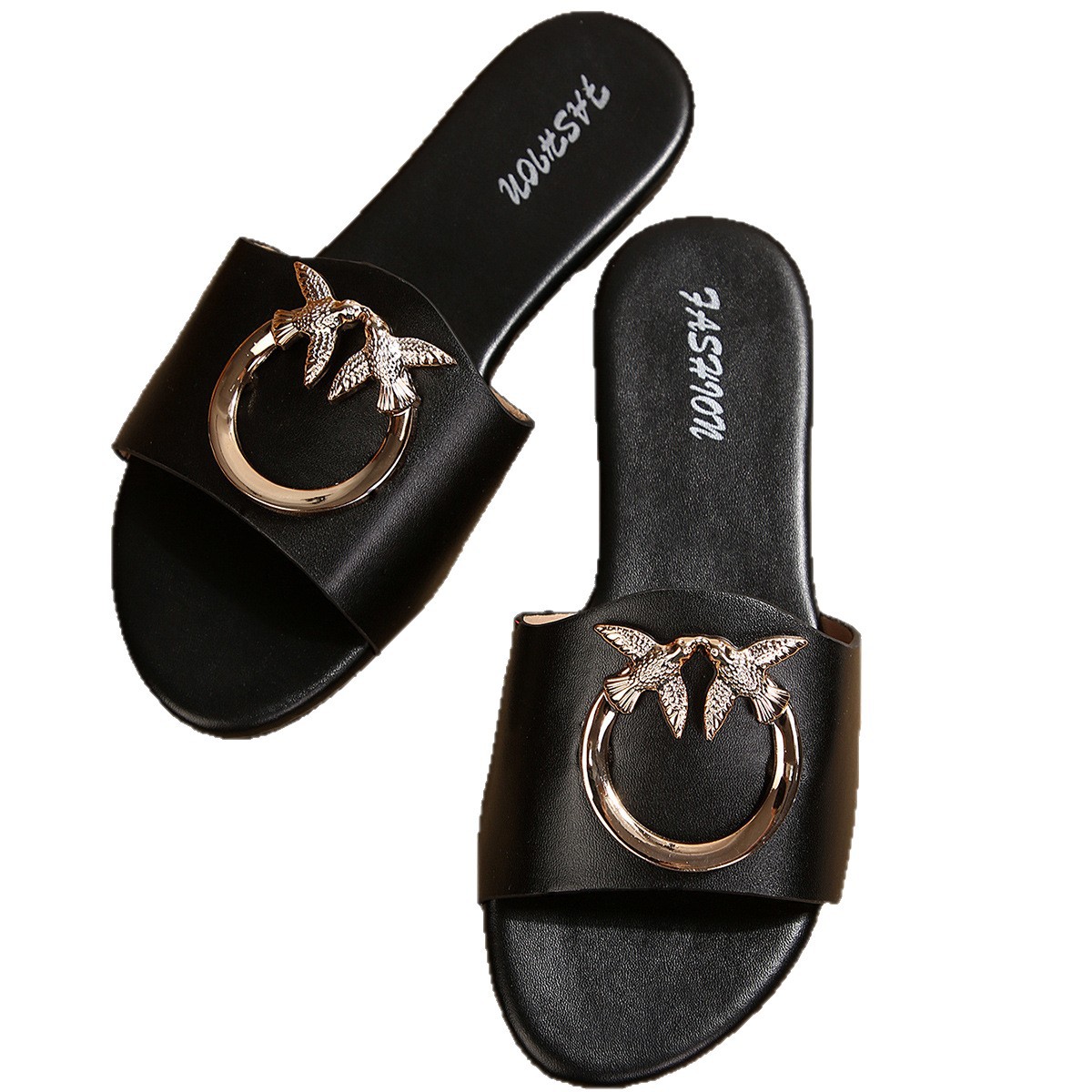 Sandalias Planas de Mujer con Detalle Metálico de Cuero Sintético Cómodas para Uso Casual