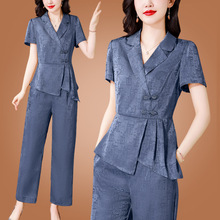 高品质气质中年女西装领短袖上衣阔腿裤两件套夏新款提花时髦套装