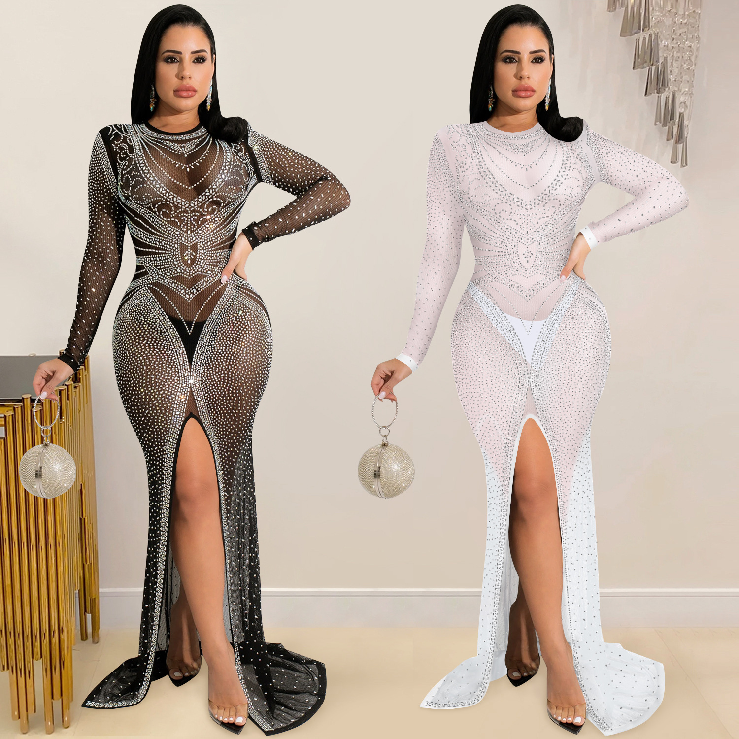 X5595 AliExpress moda europea y americana discoteca rhinestone caliente de las mujeres malla transparente manga larga split vestido mujeres