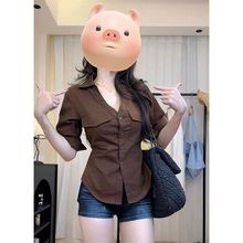 2025夏季美式辣妹风中袖衬衫女秋季新款绑带收腰显瘦设计感上衣