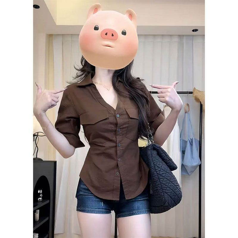 2025夏季美式辣妹风中袖衬衫女秋季新款绑带收腰显瘦设计感上衣
