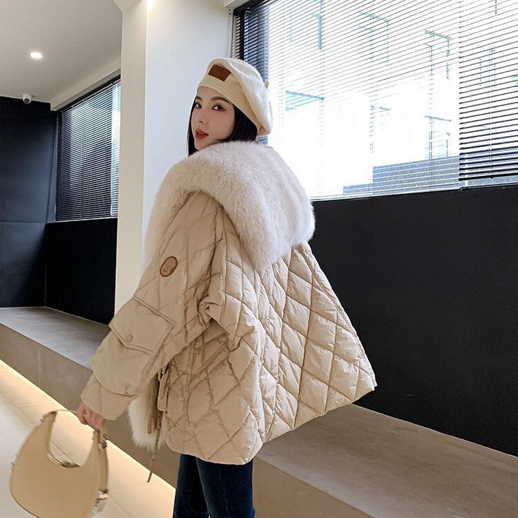 Cross-Border Autumn and Winter New Navy Collar Large Fox Fur Collar down Jacket Parka Women's Silhouette Fur Jacket Trendy