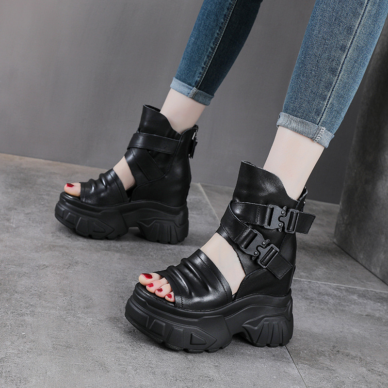 Sandal cao gót nữ da bò thật đế xuồng hở mũi phong cách La Mã — màu đen