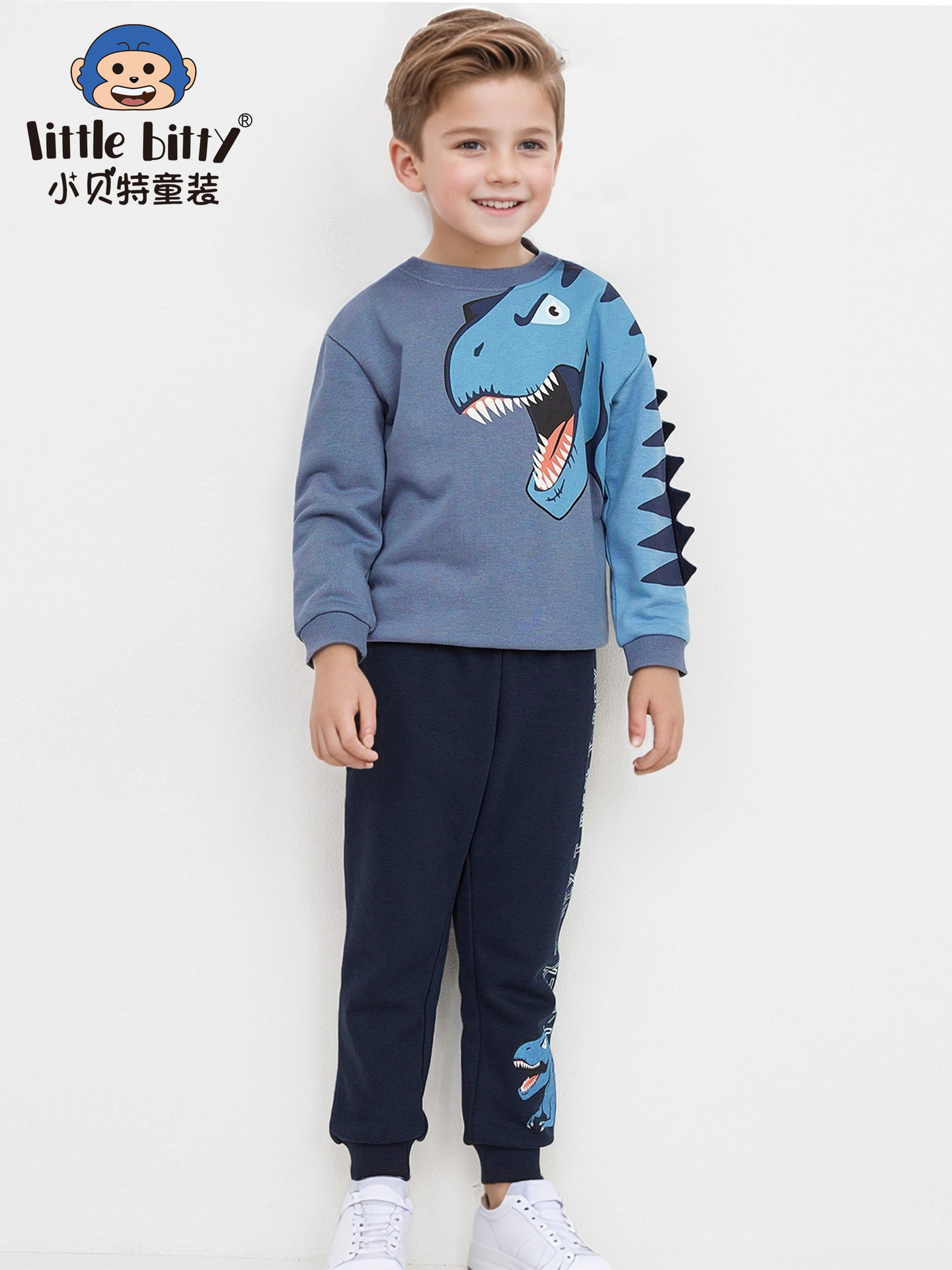 Cross-Border European and American 2025 Autumn and Winter New Sweatshirt and Sweatpants Set Cartoon Dinosaur Print Children's Clothing Two-Piece Set Wholesale