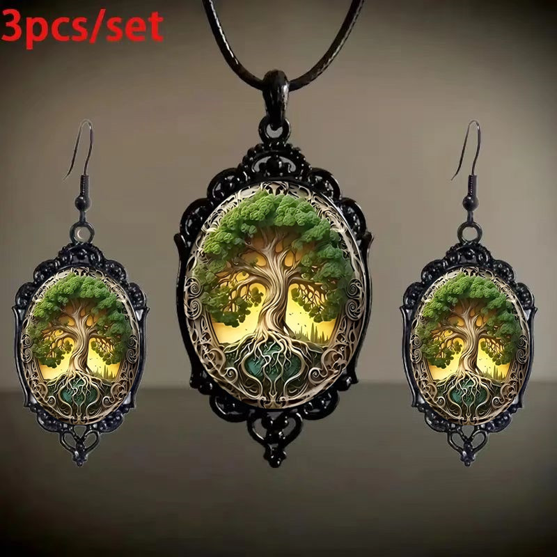 2件/套 复古优雅生命之树吊坠首饰套装，万圣节、圣诞节、装饰