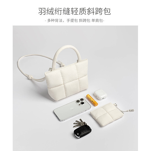 New quilted down tote bag, portable for travel, with detachable shoulder strap, crossbody bag, nylon tote bag