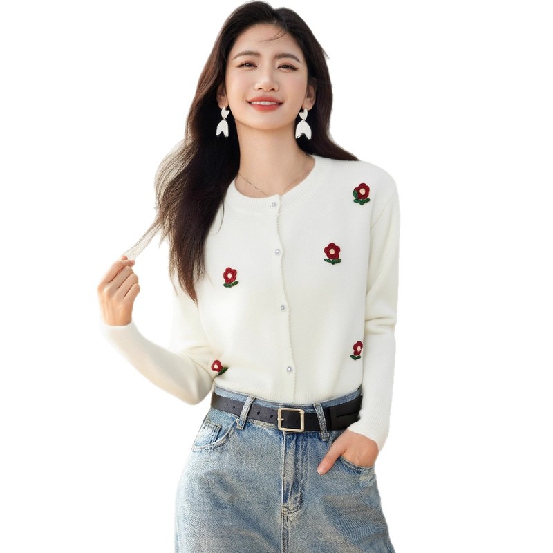 温柔风粉色立体花朵毛衣外套女秋季甜美减龄宽松圆领单排扣针织衫|undefined