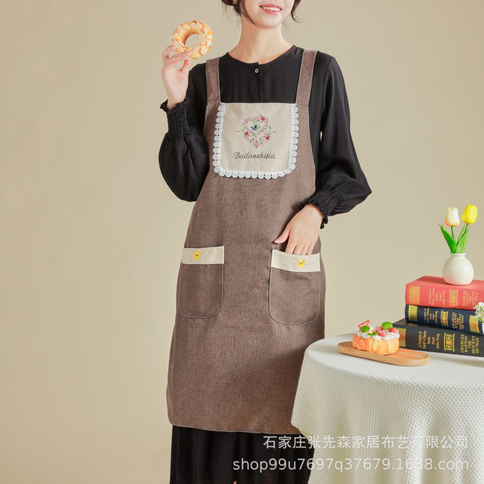 2023新款风棉麻牛仔围裙宽肩带纯色防污水洗棉家用厨房围裙女批发