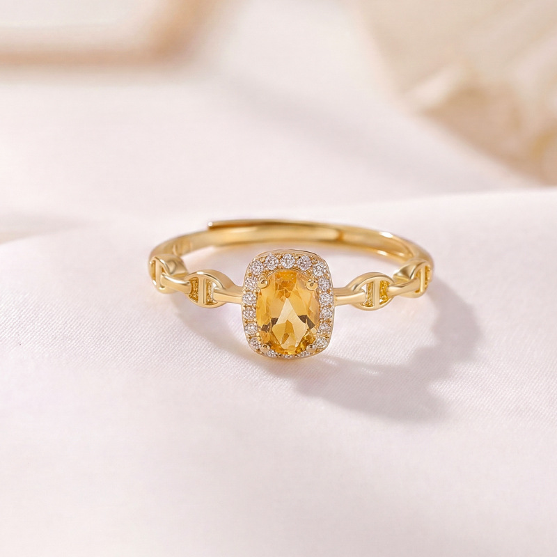 Nhẫn nữ bạc S925 mạ vàng đính đá cubic zirconia hình vuông mở điều chỉnh — Loại bạc