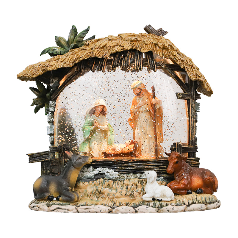 Regalos de Navidad, adornos religiosos, exportaciones europeas y americanas, adornos de pesebre de Navidad de la familia santa, luces de agua, atmósfera, caja de música, escena