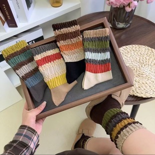 Socks Women's Autumn and Winter Loose Mouth Not Stacked Legs Stacked Socks Internet Popular Lazy Style Ins Korean Striped Rainbow Vintage Stockings