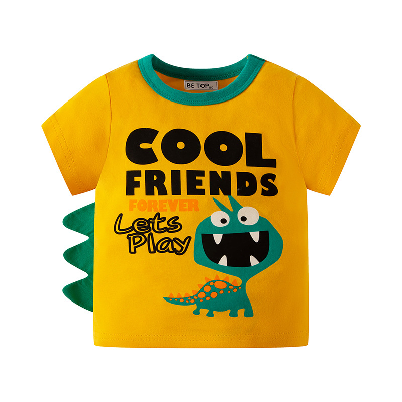 Camiseta de Manga Corta para Niños, Verano 2025, Diseño de Dinosaurio de Dibujos Animados, Cuello Redondo, Algodón Puro, Estilo Coreano, Ropa Infantil al por Mayor