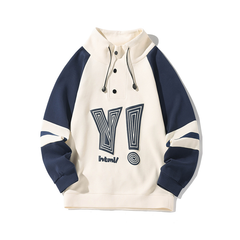 Spring men's standing collar hoodie with contrasting color design and patchwork printed sports pullover for men_voghion.com
