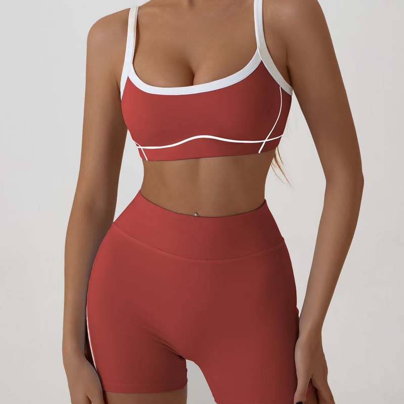 Conjunto de yoga de alta elasticidad con efecto de piel desnuda, con sujetador deportivo con bloques de colores, camisola, pantalones cortos de fitness que levantan la cadera y conjunto deportivo para exteriores para mujer.