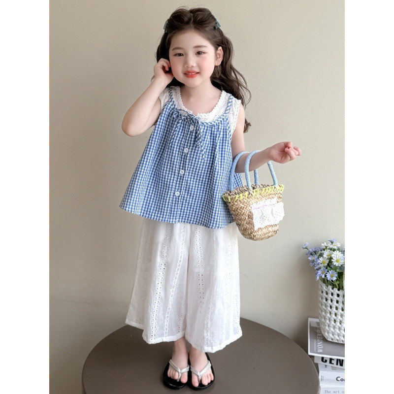 女童夏装假两件无袖套装儿童韩系背心2025新款女孩夏天时尚阔腿裤|undefined