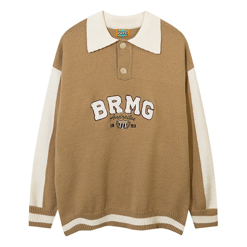 Suéter de punto POLO de estilo americano de la marca original YWFG, con diseño retro de letras jacquard, tendencia nacional para parejas en otoño e invierno.