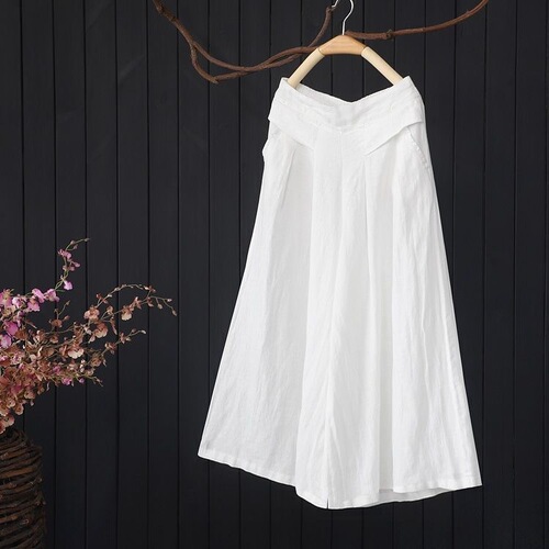 Relaxed Drop Comfort Literary Cotton Linen Wide Leg Pants for Women 2026 Summer Half Elastic High-Waist Casual Slimming Nine-Foot Pants