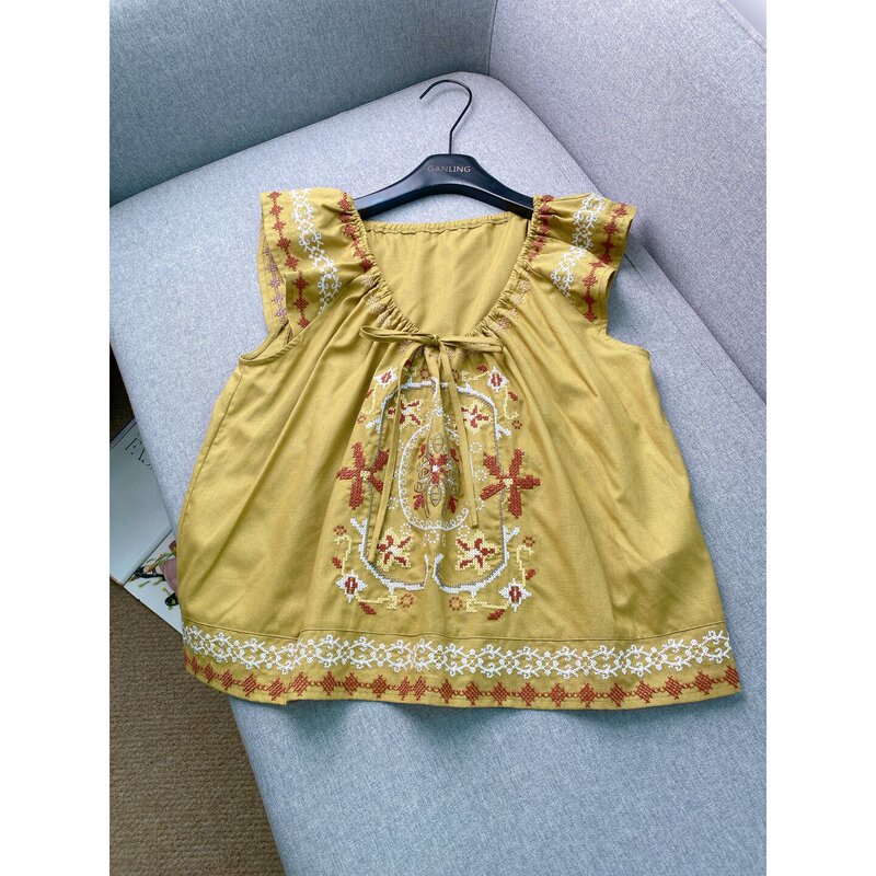 Retro Girly Vibe~ Cross-Stitch Small Flutter Sleeve Shirt for Women, Summer Loose Fit, Pure Cotton, Tie-Up, Versatile Ethnic Style Top