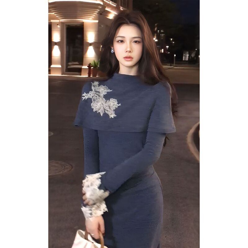 New Chinese Style Old Money Style Half Turtleneck Lace Embroidered Dress Women's 2025 Autum Cape Long Skirt