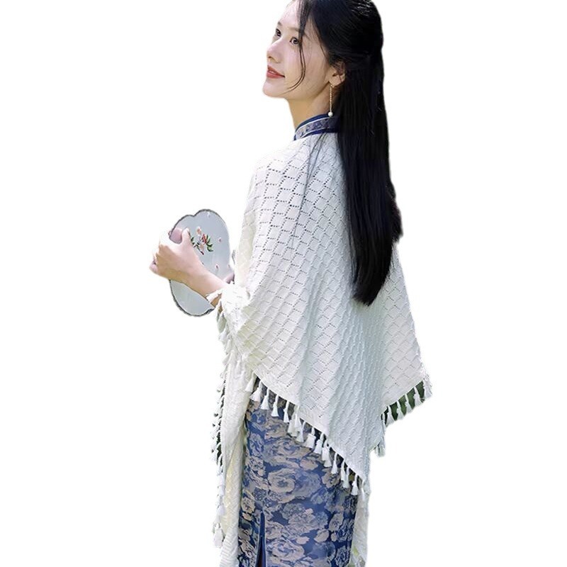 文芸小清新古風流蘇ニットストール女性春秋復古チャイナドレスの外にエアコンルームの保温マントがついている|undefined