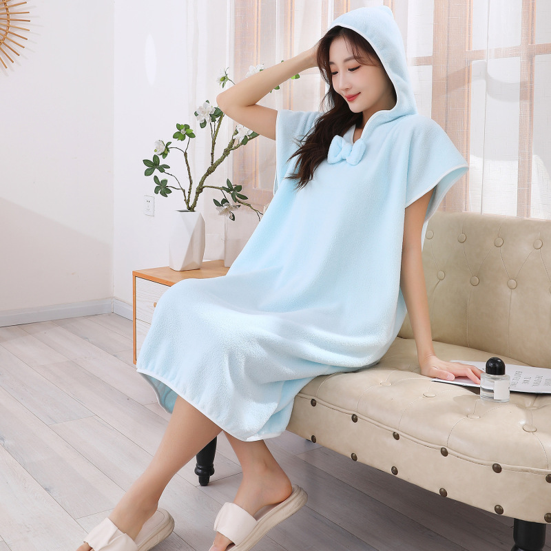 Long Home Women's Bathrobe Wearing Absorbent Bath Towel Coral Fleece Thickened Household Hooded Bow Sleeveless Bath Dress