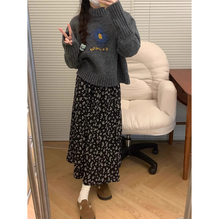 灰色复古慵懒风套装女秋冬2025新款长袖针织毛衣百褶半身裙两件套|undefined