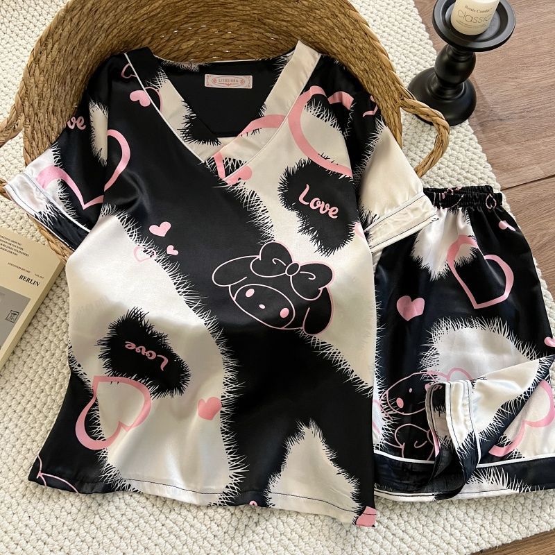 Pijamas de verano al por mayor transfronterizos de seda de manga corta delgada y suelta de cuello en V de mujer simulación de dibujos animados set de ropa para el hogar