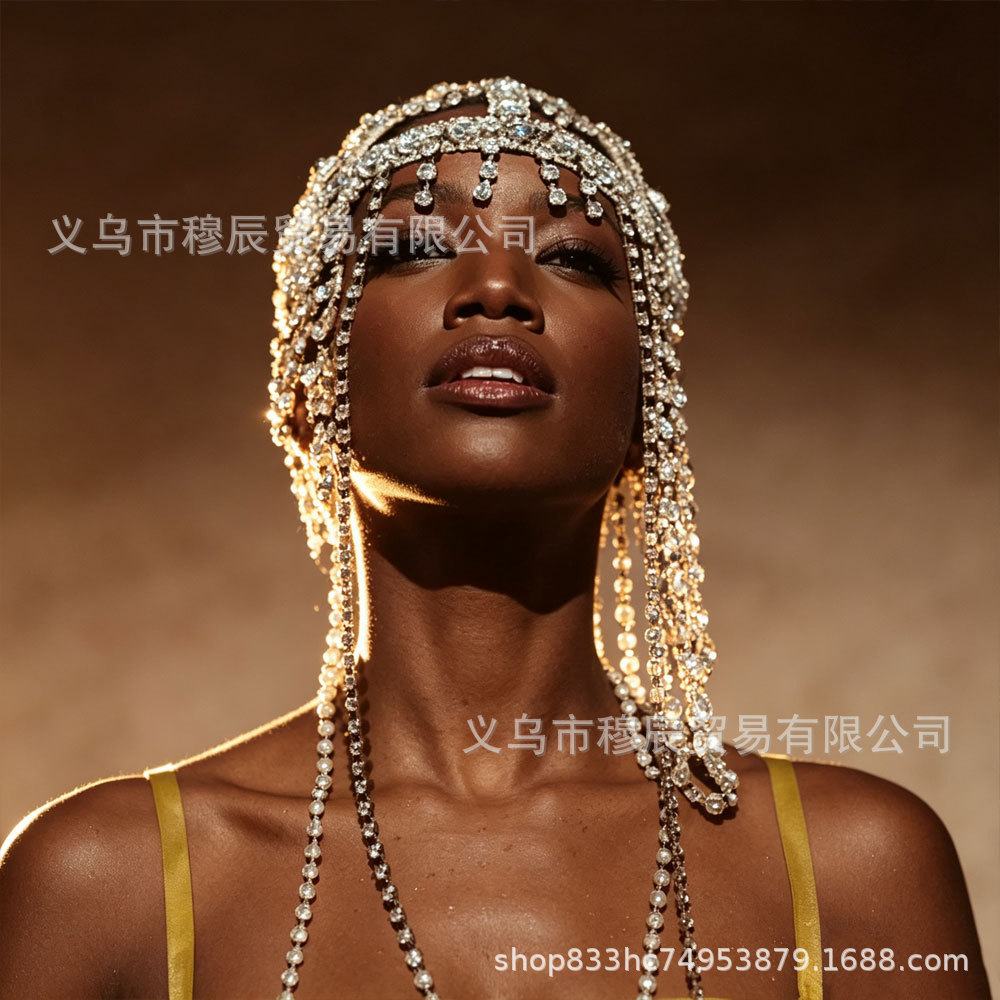 Cross-border best-selling rhinestone tassel hair chain, European and American style, exaggerated hollow design, party dress accessory